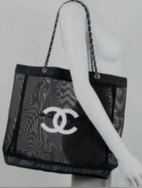 Chanel Black Mesh Tote with White CC Emblem and Chain Handles